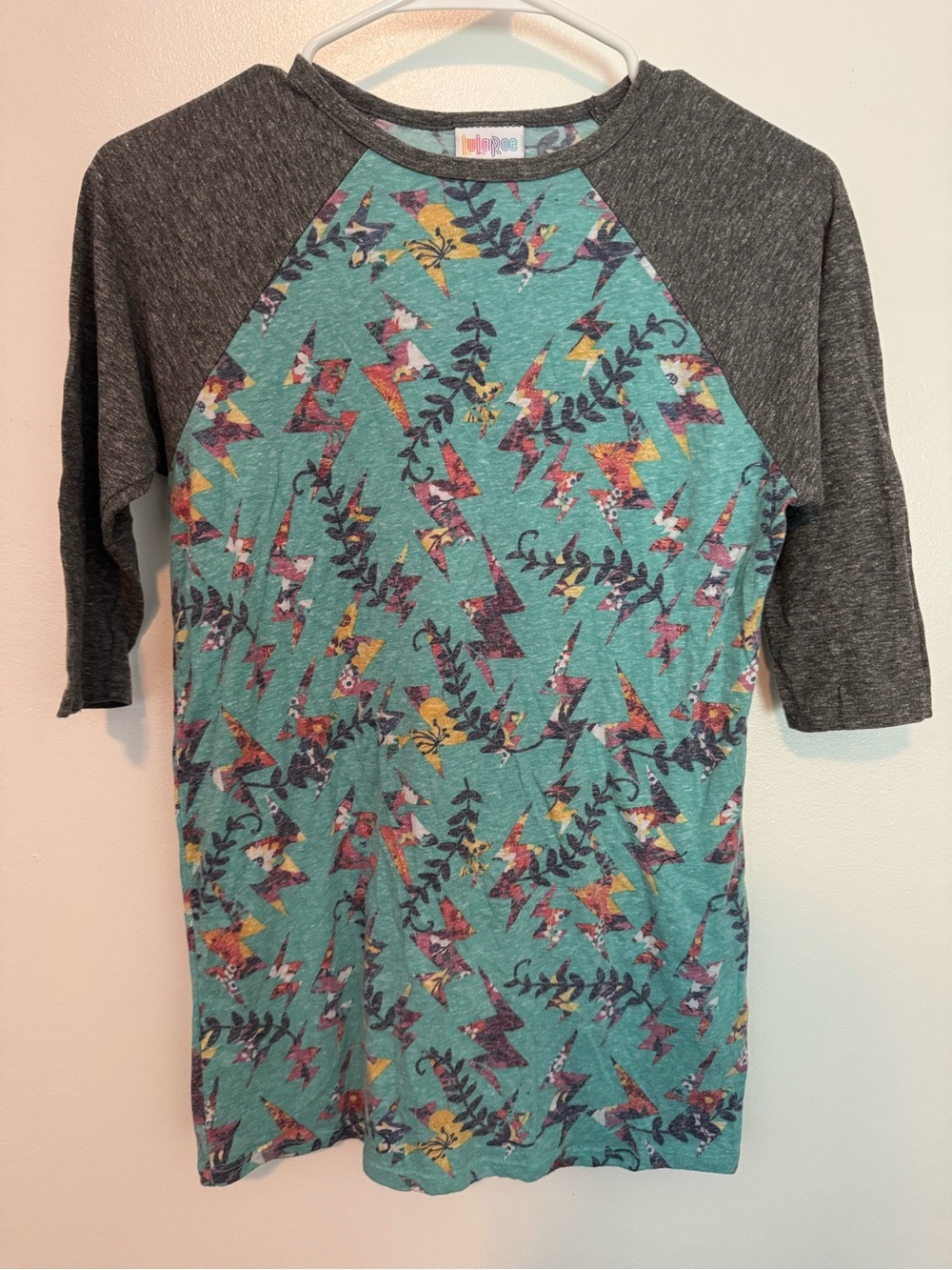 LuLaRoe Randy Girls Size 14 Raglan 3/4 Sleeve Tee Lightning Bolt Floral Teal